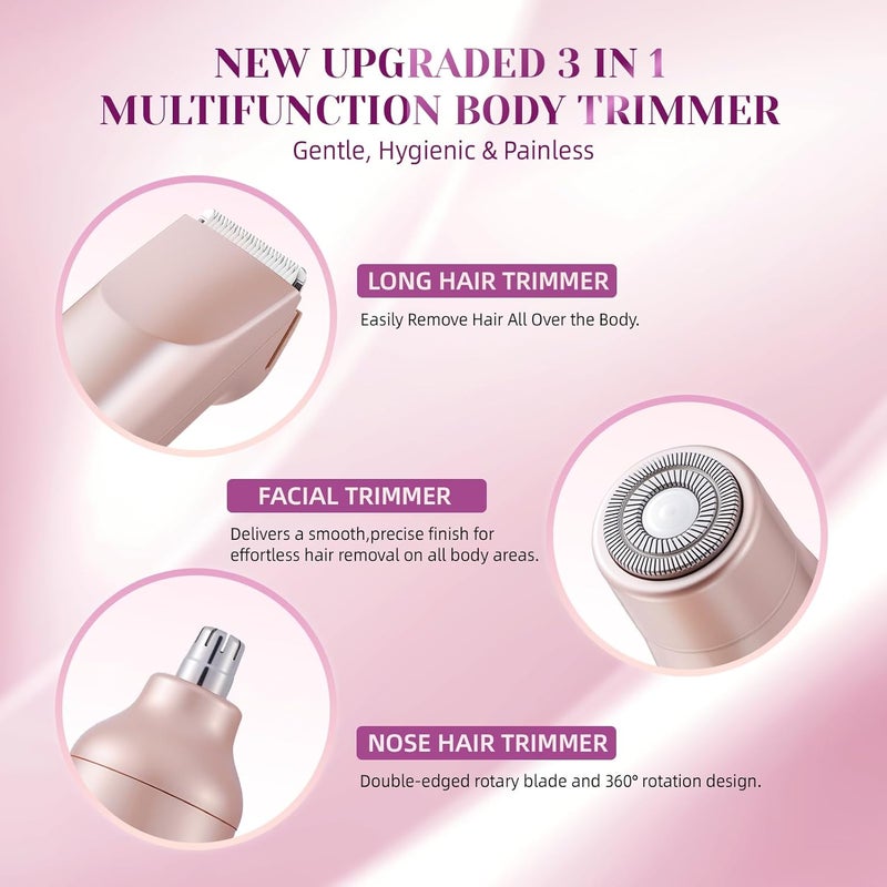 IHOWIN Bikini Trimmer for Women，3 in 1 Electric Razor with Ceramic Blades, IPX7 Waterproof, USB Rechargeable, Painless Hair Removal for Face，Body，Bikini Area, Travel Grooming Kit (Rose Gold) - Image 3